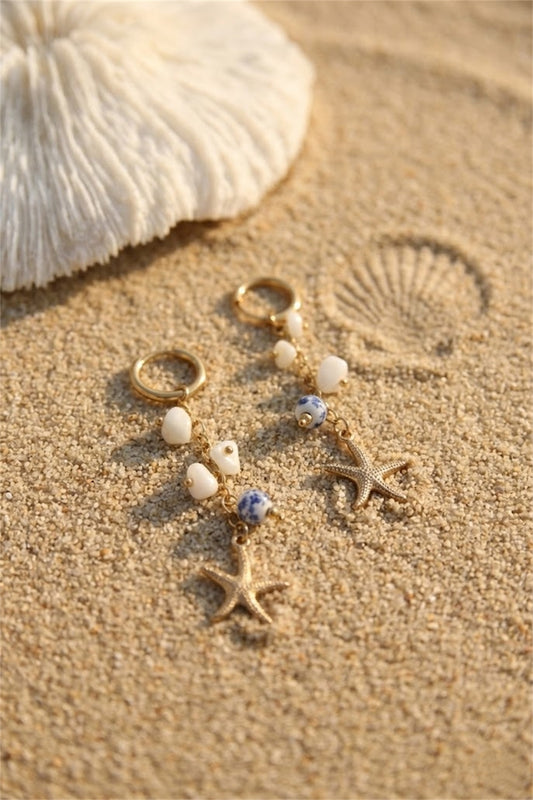 Boucles d’Oreilles Perles Bleues Étoile de Mer – Acier Inoxydable Doré