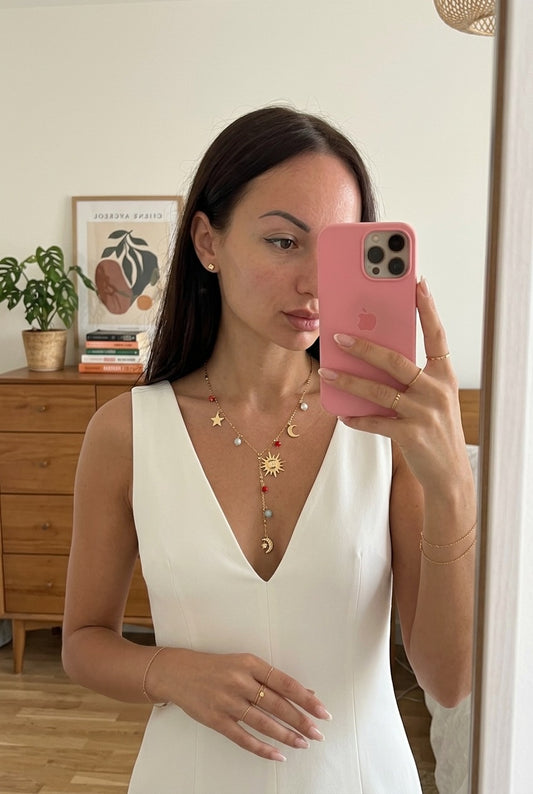 Collier Y Charms Soleil – Acier Inoxydable Doré